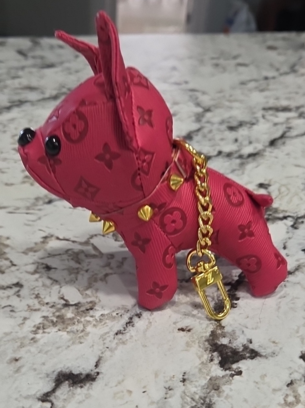 Pink Epi Leather Frenchie Dog Charm with Gold Studded Chain Adorable
